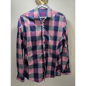 Au Noir Men Dress Shirt Long Sleeves Size 2 Pink and Purple Squarred Pre-Owned